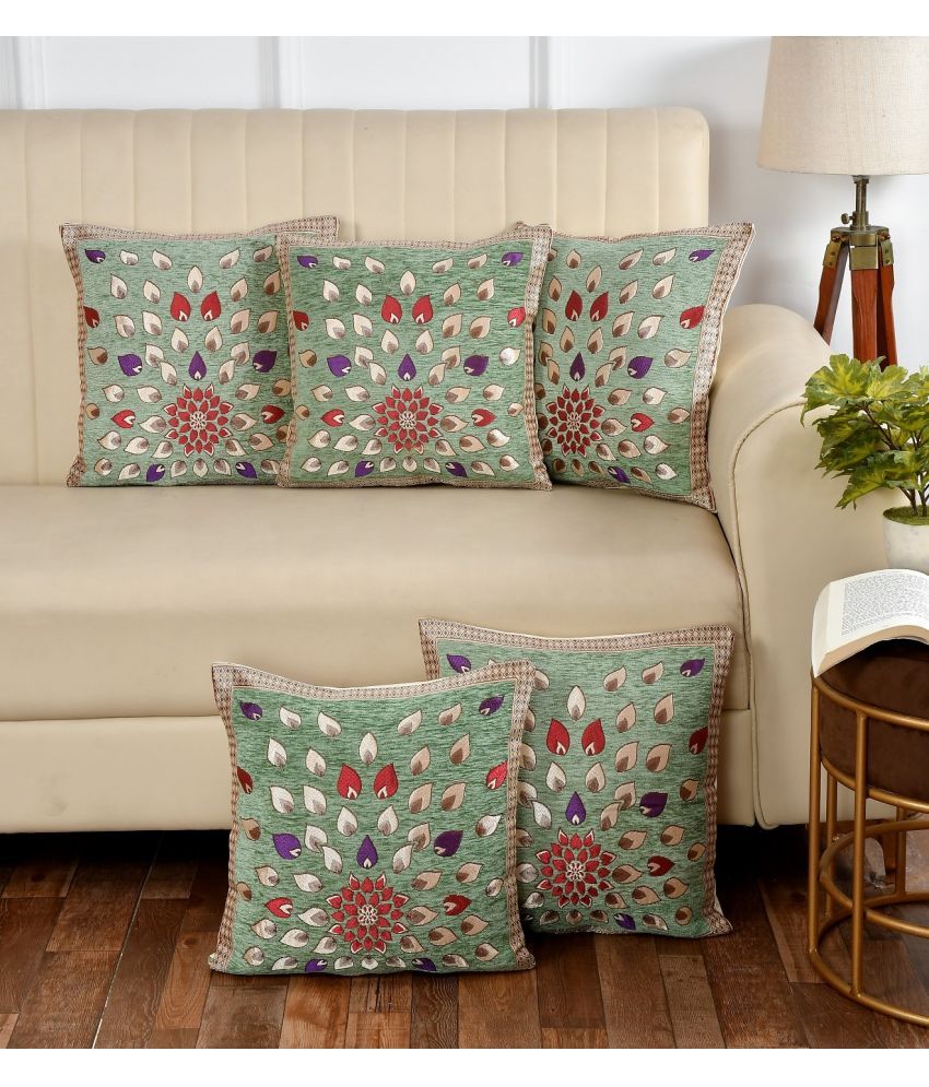     			Multitex Set of 5 Velvet Floral Square Cushion Cover (40X40)cm - Green