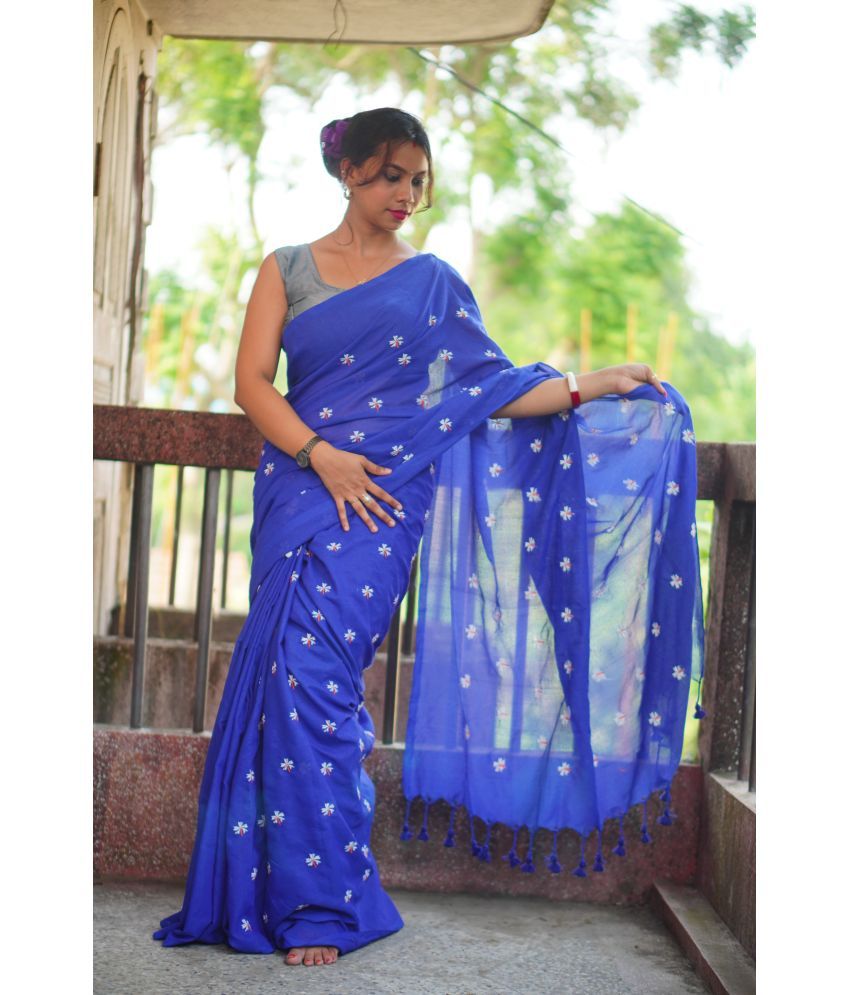     			SARADA HANDLOOM Cotton Embroidered Saree With Blouse Piece ( Blue , Pack of 1 )