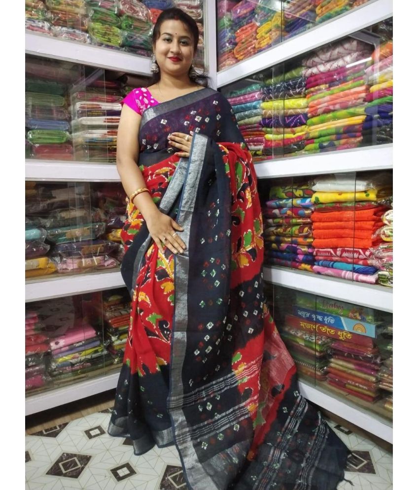     			SARADA HANDLOOM Cotton Printed Saree With Blouse Piece ( Black , Pack of 1 )