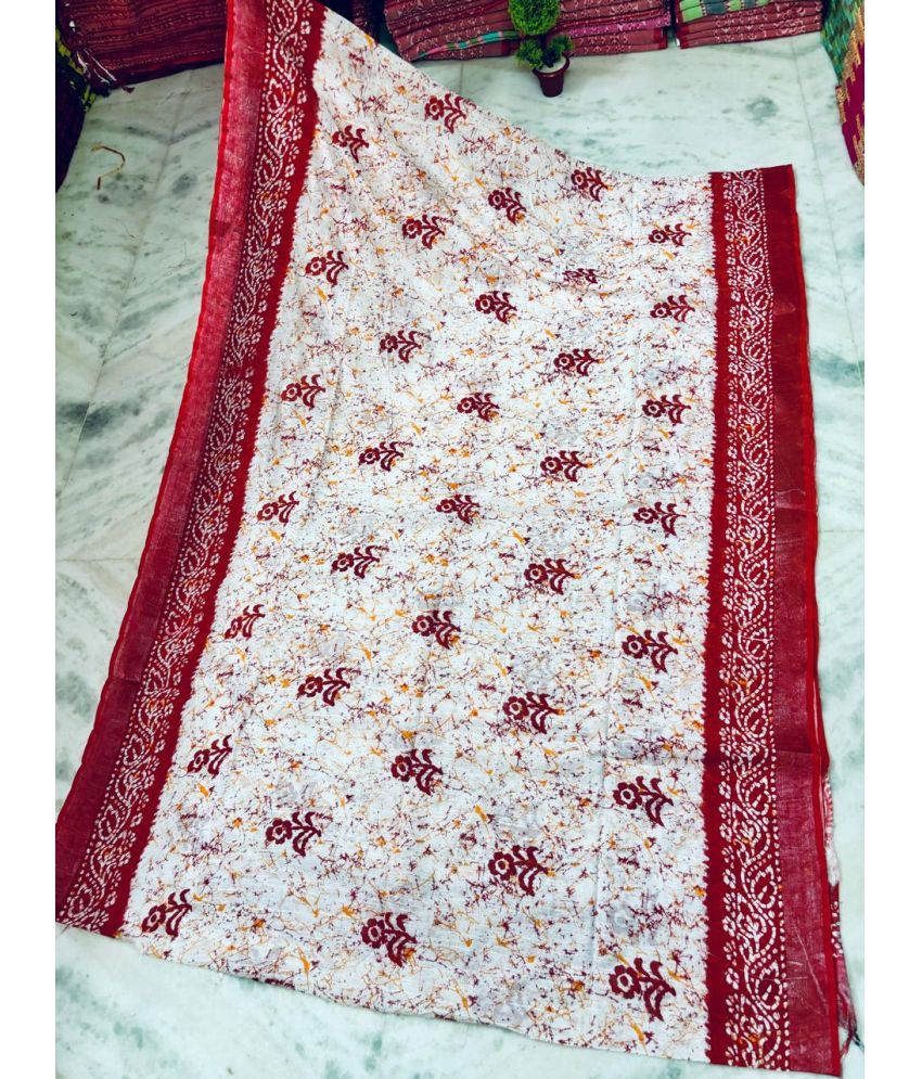     			SARADA HANDLOOM Cotton Printed Saree With Blouse Piece ( White , Pack of 1 )