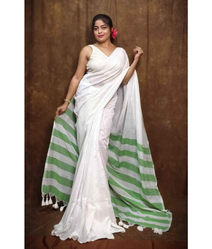     			SARADA HANDLOOM Cotton Striped Saree With Blouse Piece ( White , Pack of 1 )