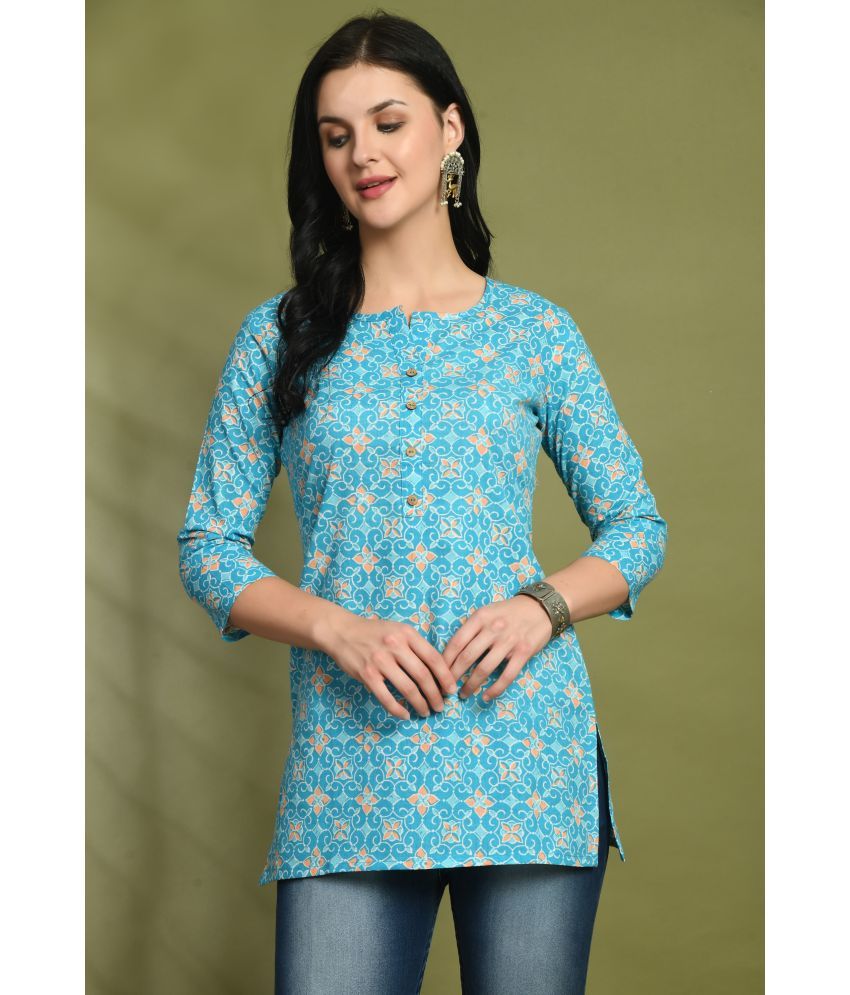     			feranoid Pack of 1 Cotton Blend Printed Straight Women's Kurti - ( Blue )