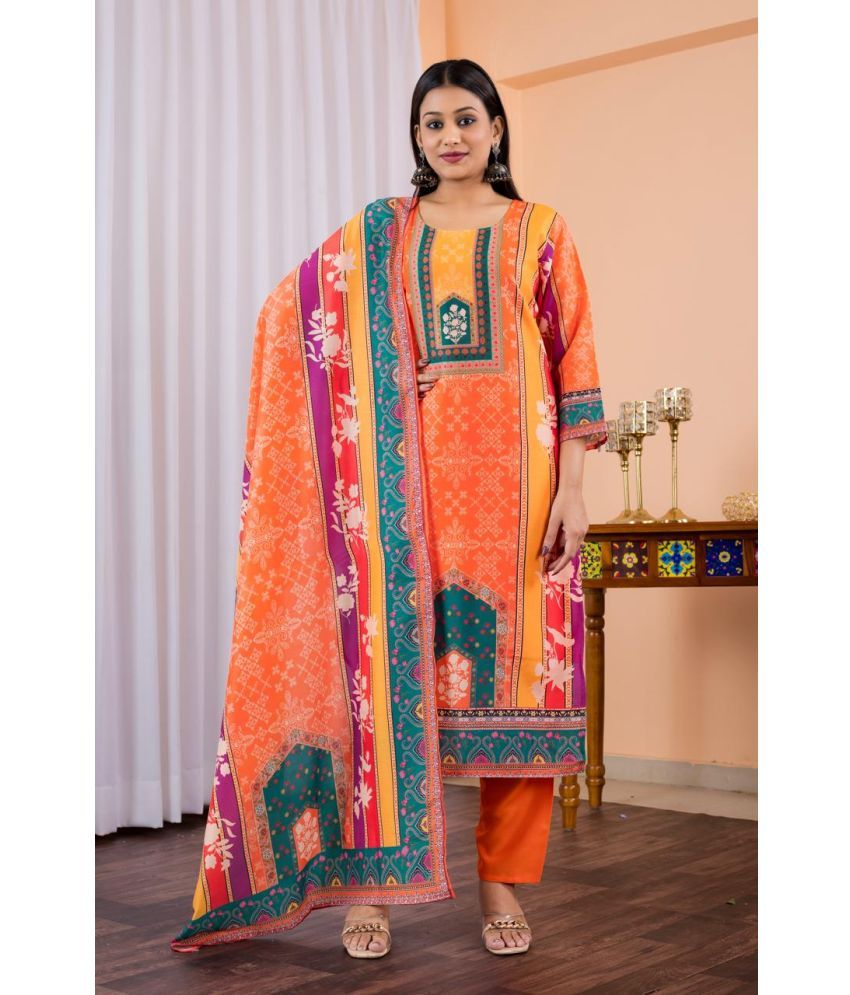     			fvd Chanderi Printed Kurti With Pants Women's Stitched Salwar Suit - Orange ( Pack of 1 )