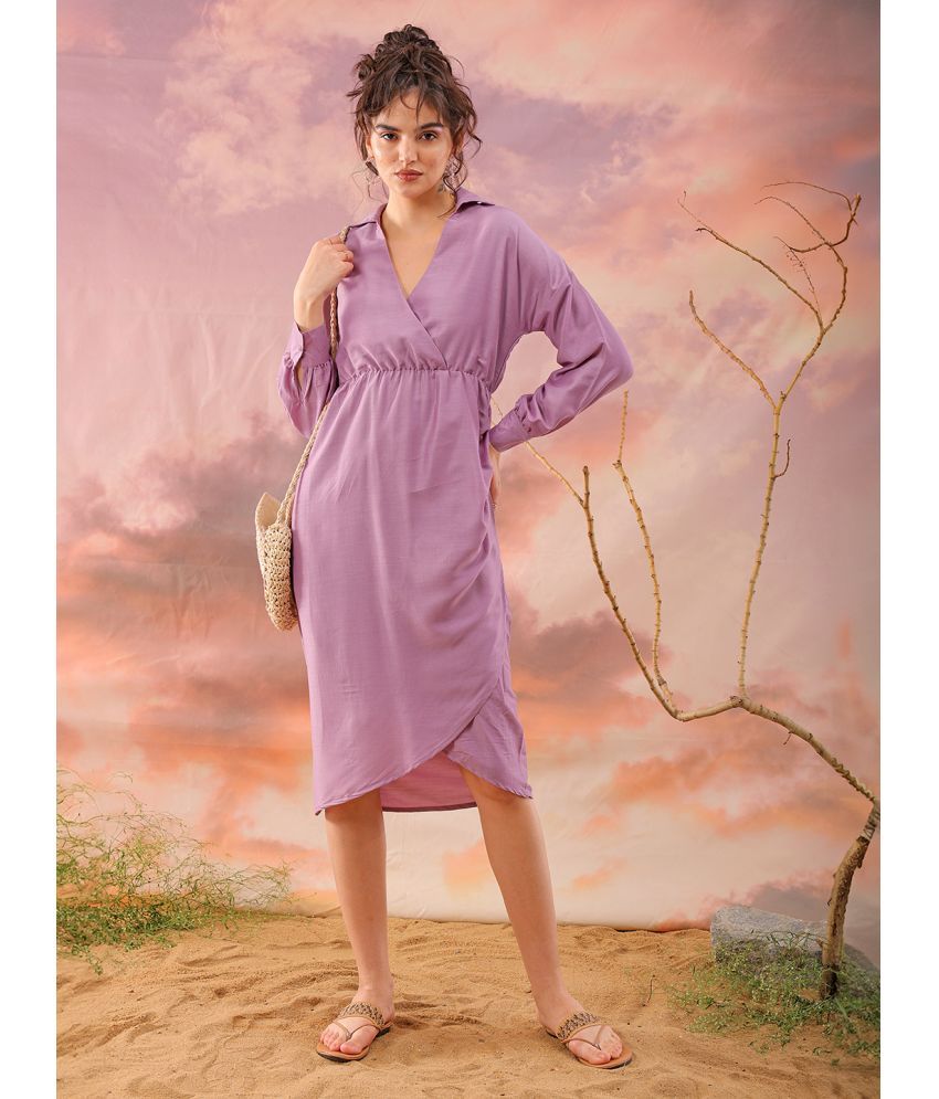     			Freehand Polyester Solid Midi Women's Wrap Dress - Purple ( Pack of 1 )