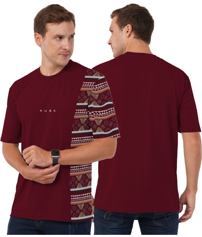     			AOOSH Cotton Blend Oversized Fit Printed Half Sleeves Men's Round T-Shirt - Maroon ( Pack of 1 )