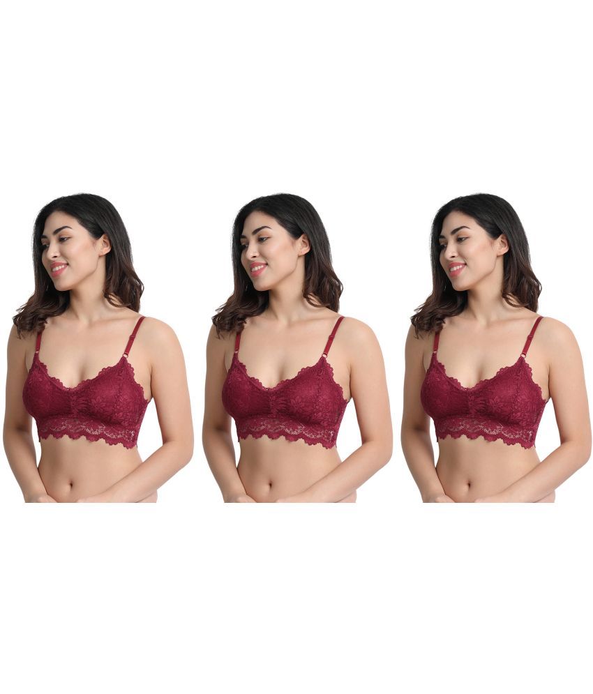     			Flenzy Pack of 3 Lace Lightly Padded Bralette Bra For Women ( Maroon )