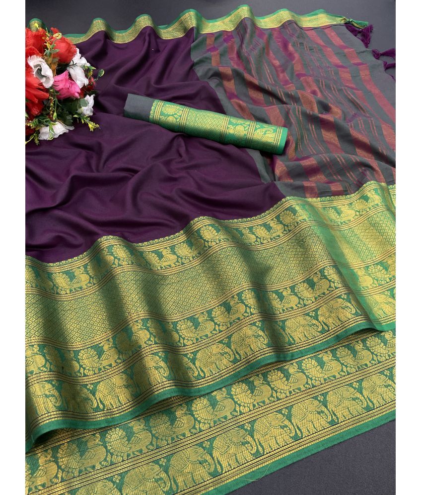     			Gullak Pack of 1 Art Silk Self Design Saree With Stitched Blouse ( Purple )