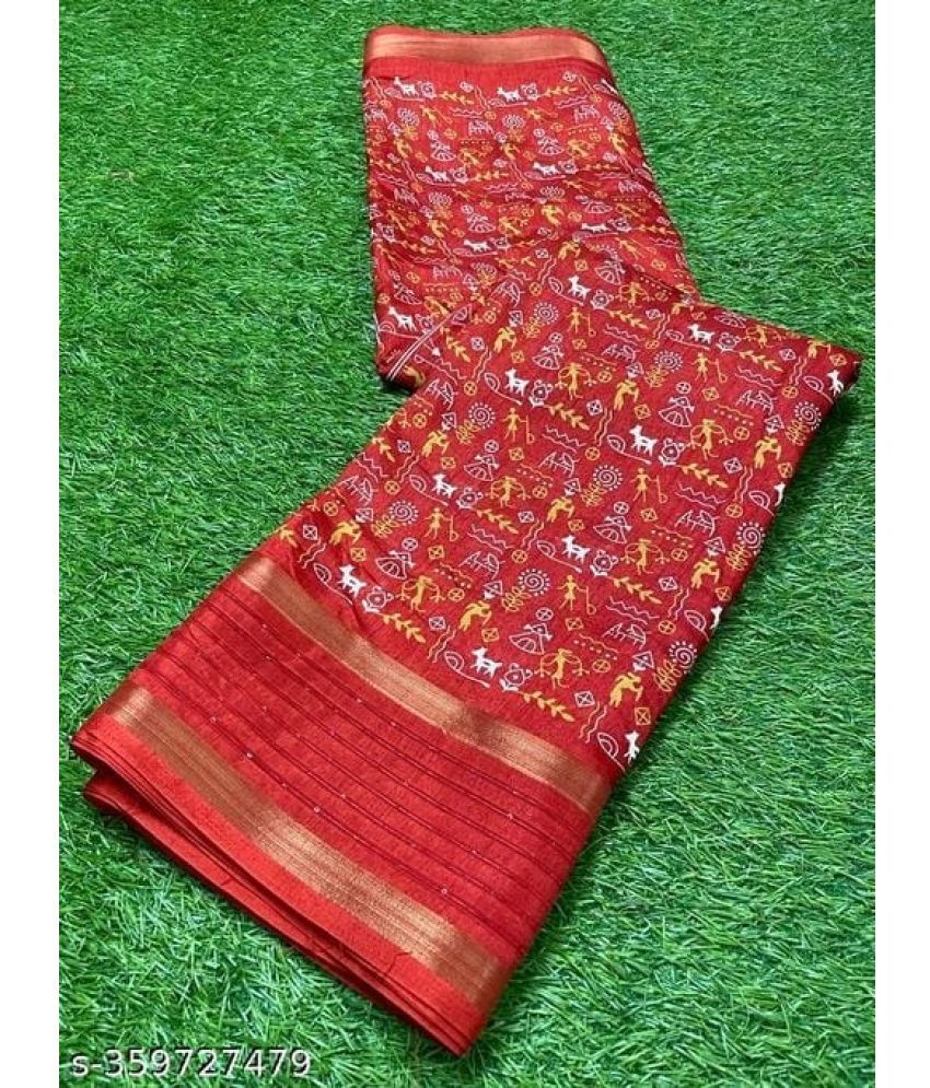     			Gullak Pack of 1 Chanderi Printed Saree With Stitched Blouse ( Maroon )