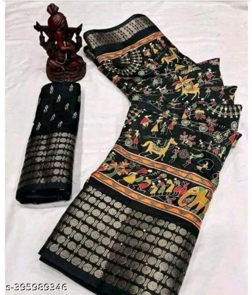     			Gullak Pack of 1 Chanderi Printed Saree With Stitched Blouse ( Black )