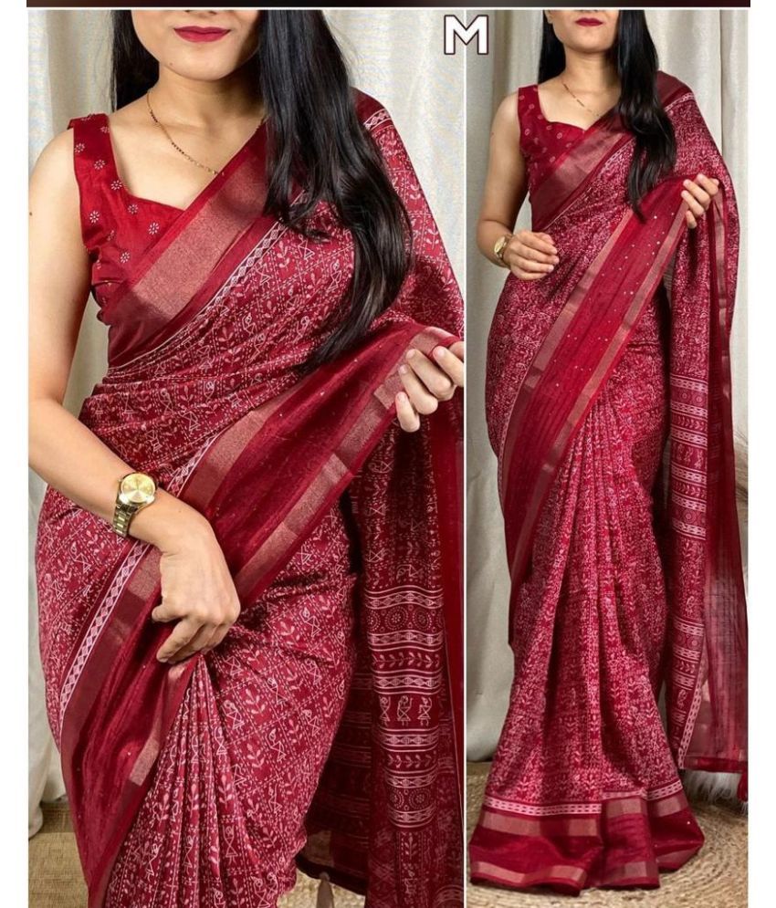     			Gullak Pack of 1 Chanderi Printed Saree With Stitched Blouse ( Maroon )