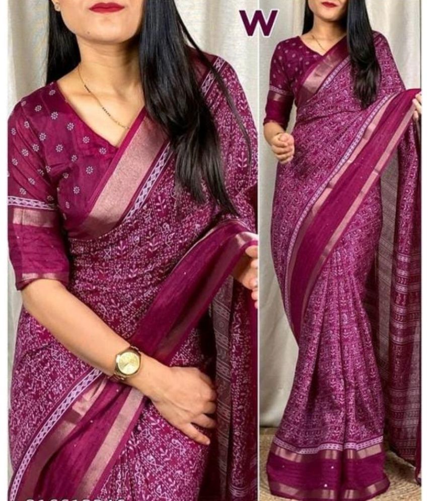     			Gullak Pack of 1 Chanderi Printed Saree With Stitched Blouse ( Purple )