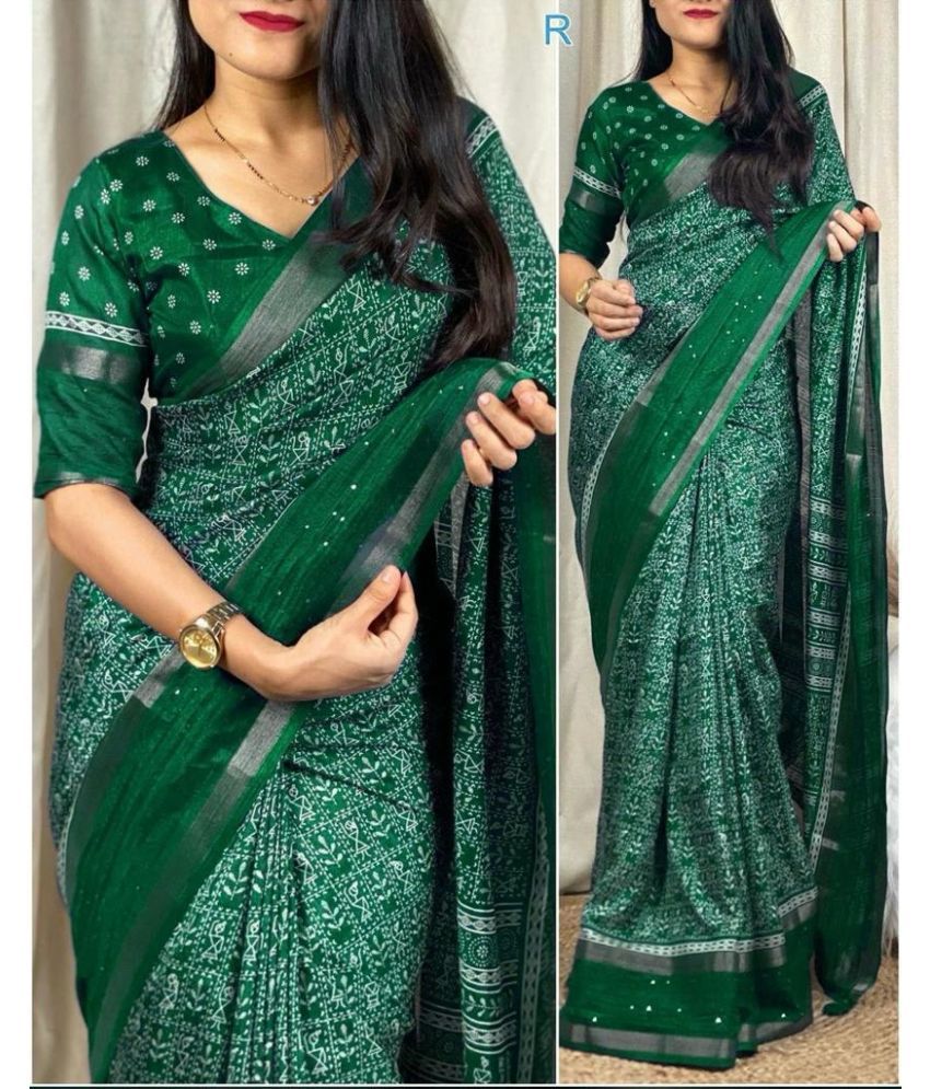     			Gullak Pack of 1 Chanderi Printed Saree With Stitched Blouse ( Green )