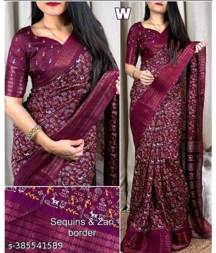     			Gullak Pack of 1 Chanderi Printed Saree With Stitched Blouse ( Purple )