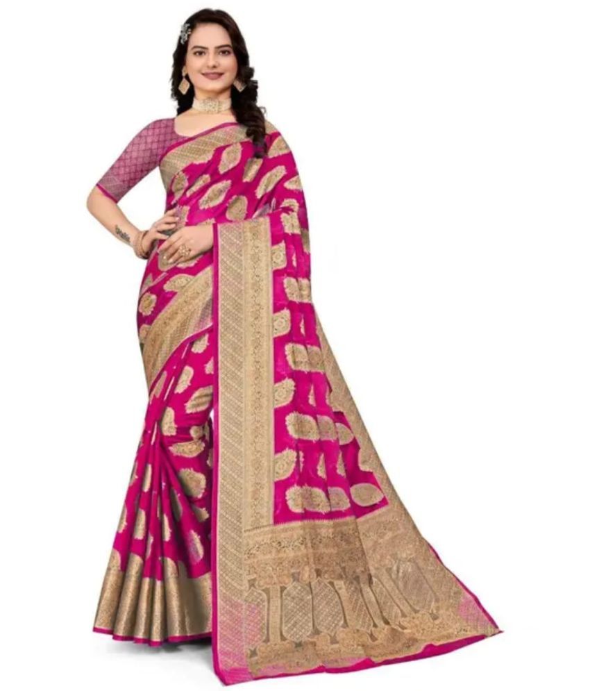     			Gullak Pack of 1 Organza Embellished Saree With Stitched Blouse ( Pink )