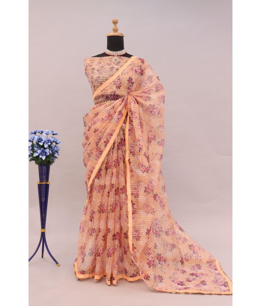     			Gullak Pack of 1 Organza Printed Saree With Blouse Piece ( Orange )