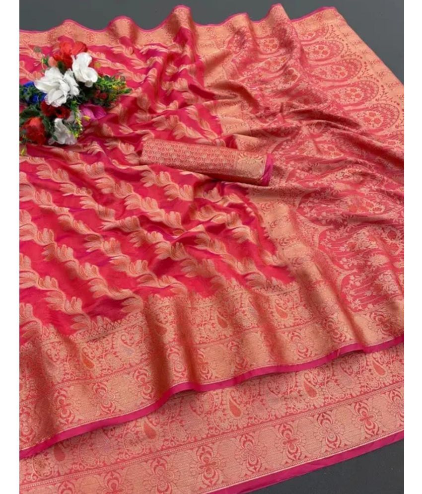     			Gullak Pack of 1 Organza Embellished Saree With Stitched Blouse ( Red )