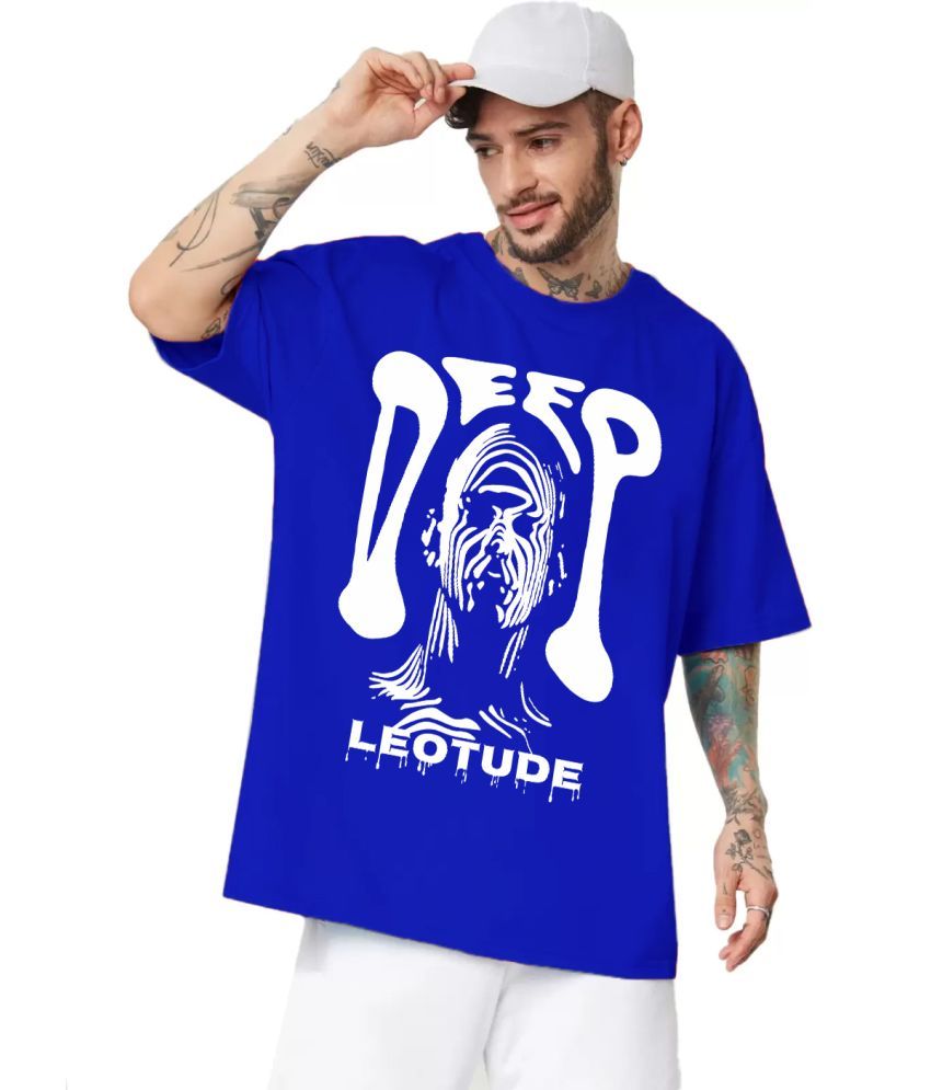     			Leotude Cotton Blend Oversized Fit Printed Half Sleeves Men's Round T-Shirt - Blue ( Pack of 1 )