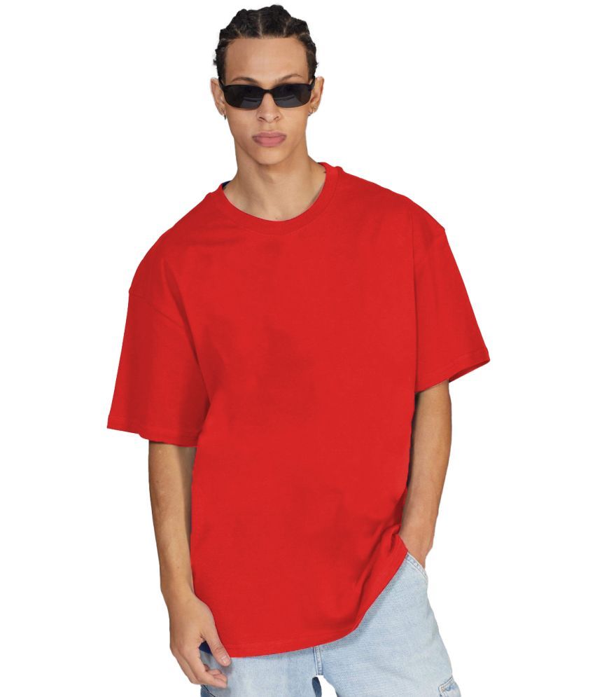     			Leotude Cotton Blend Oversized Fit Solid Half Sleeves Men's Round T-Shirt - Red ( Pack of 1 )