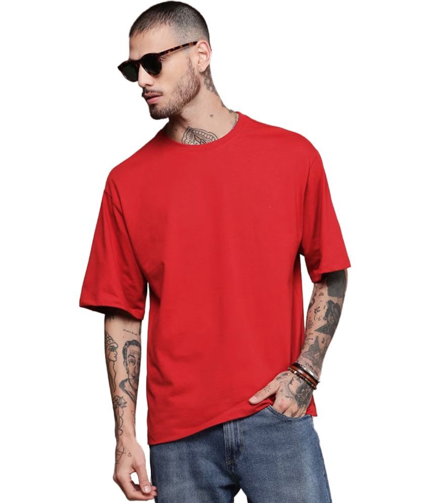     			Leotude Cotton Blend Oversized Fit Solid Half Sleeves Men's Round T-Shirt - Red ( Pack of 1 )