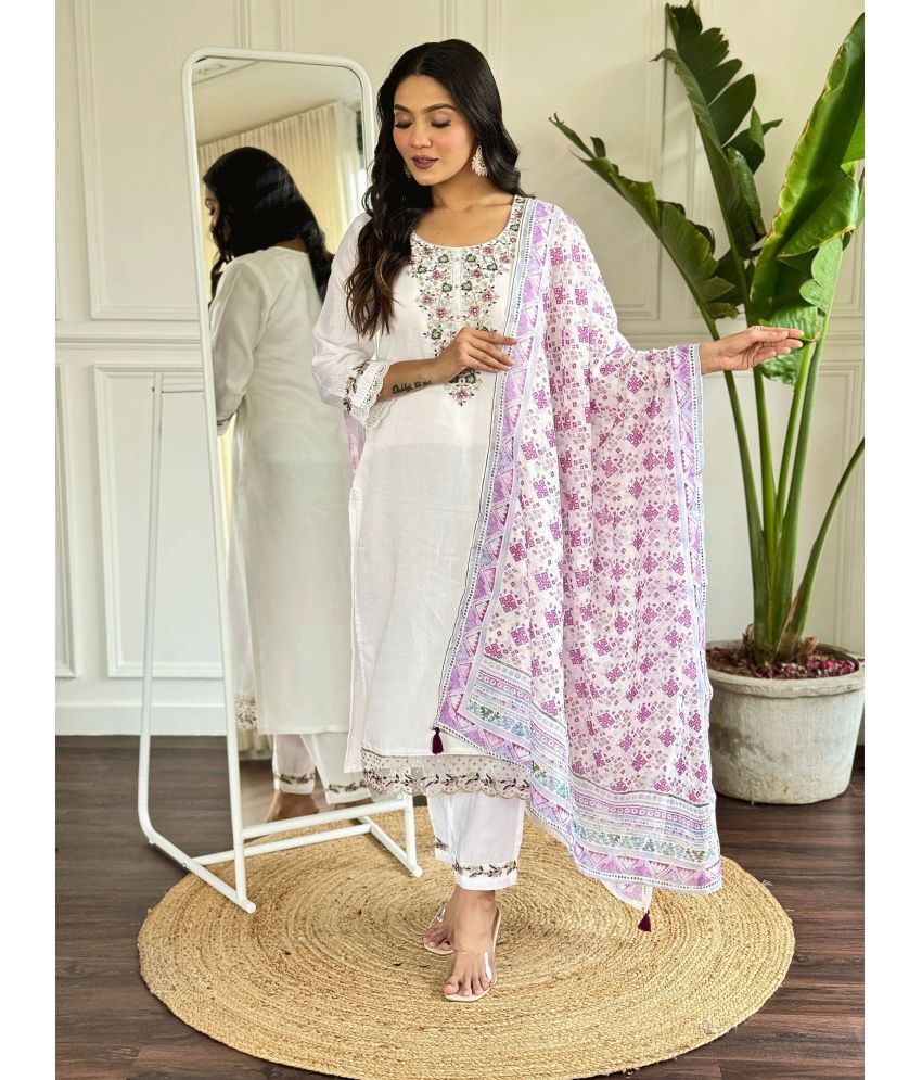     			Niza Fashion Viscose Embroidered Kurti With Pants Women's Stitched Salwar Suit - White ( Pack of 1 )