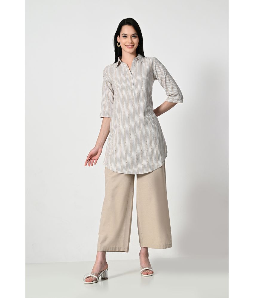     			OTIRA Pack of 1 Cotton Blend Striped Shirt Style Women's Kurti - ( Beige )