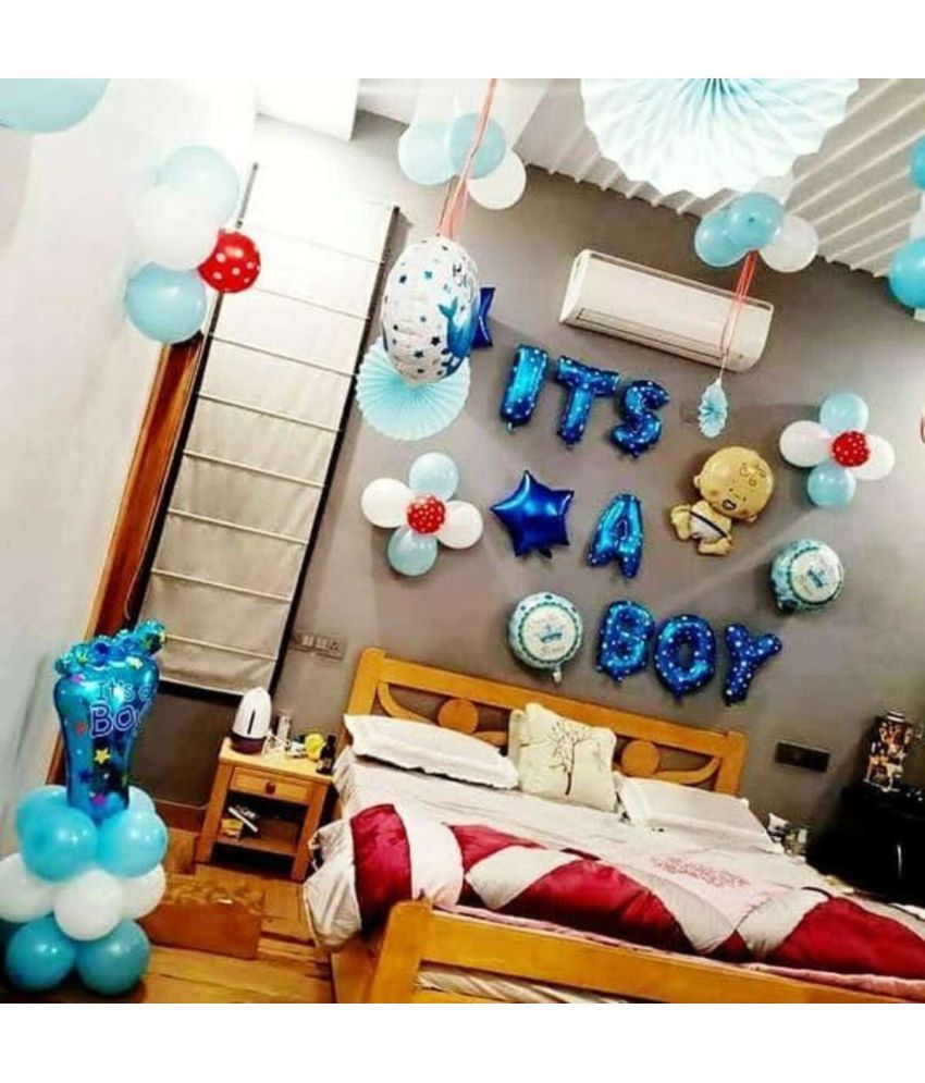     			PartyBooms Its Boy Blue Foil Decoration, 1 Baby Boy Foil, 1 It's Boy Foot, 2 Blue Star, 2 It's Boy Balloon, 20 White, 20 Skyblue Metallic Pack of 47