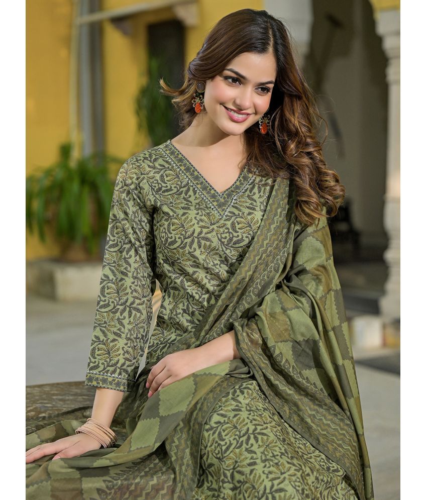     			Vaamsi Cotton Blend Printed Kurti With Pants Women's Stitched Salwar Suit - Green ( Pack of 1 )