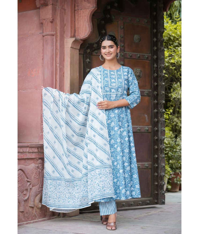     			Yash Gallery Cotton Printed Kurti With Pants Women's Stitched Salwar Suit - Blue ( Pack of 1 )