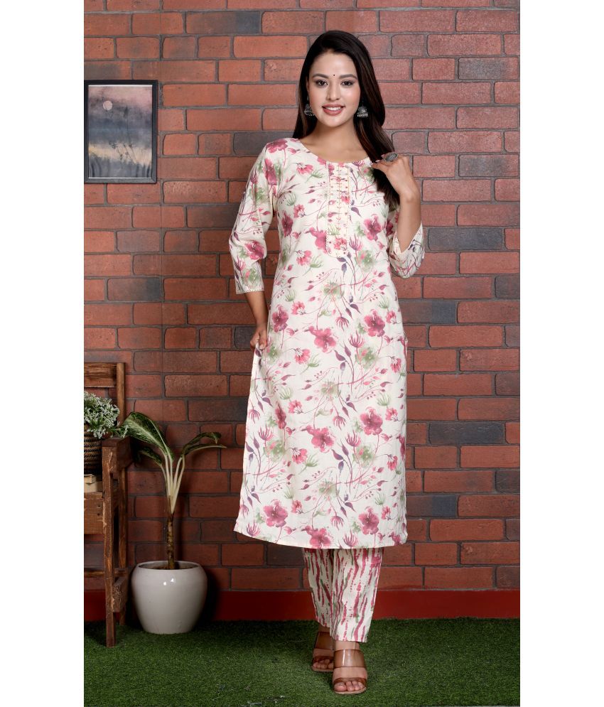     			Yash Gallery Cotton Printed Kurti With Pants Women's Stitched Salwar Suit - Pink ( Pack of 1 )