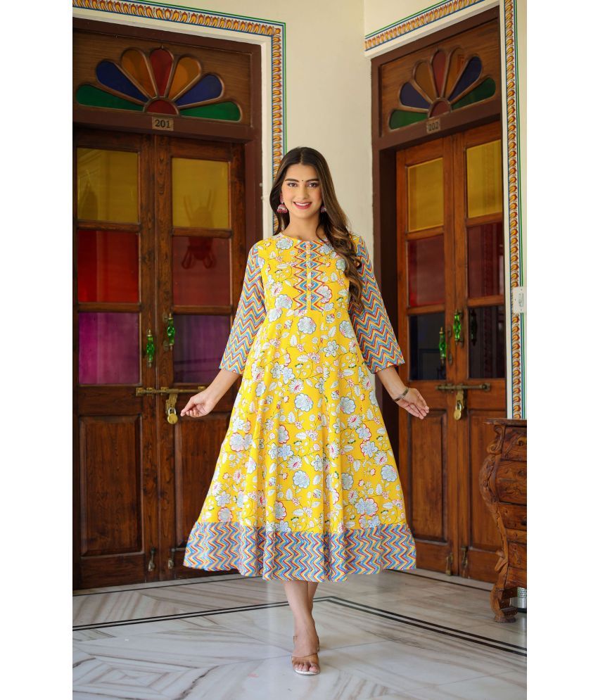     			Yash Gallery Rayon Printed Calf-Length Women's Fit & Flare Dress - Yellow ( Pack of 1 )