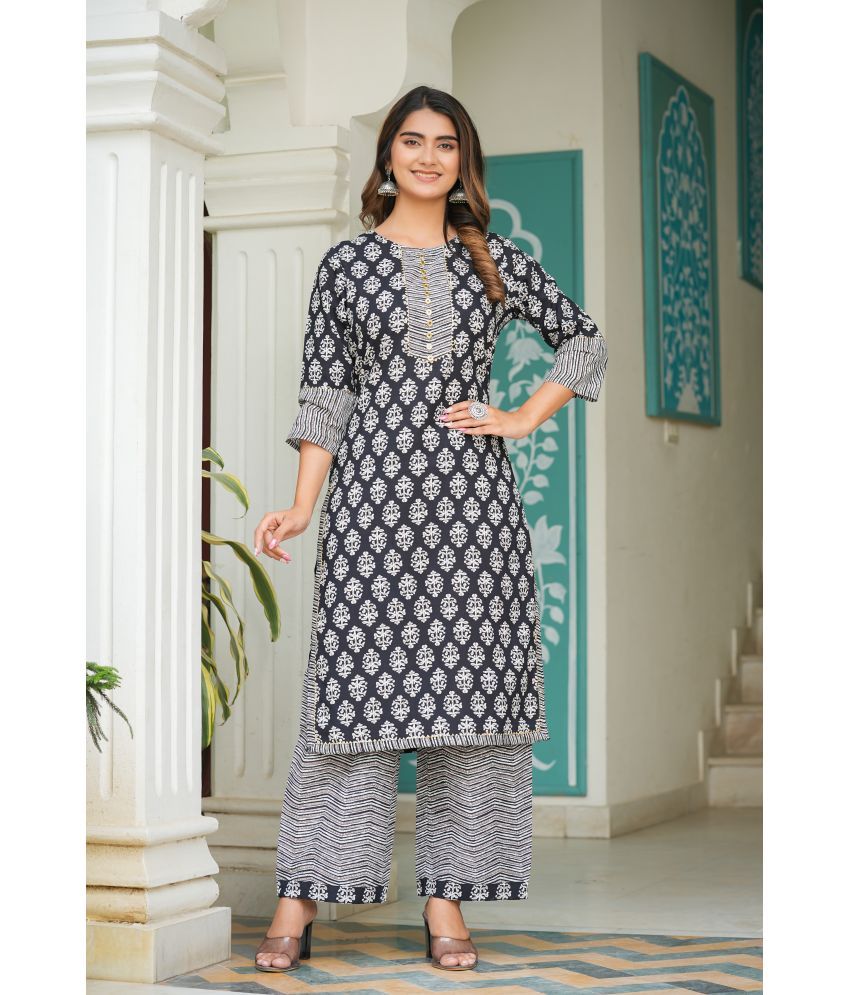     			Yash Gallery Rayon Printed Kurti With Palazzo Women's Stitched Salwar Suit - Black ( Pack of 1 )