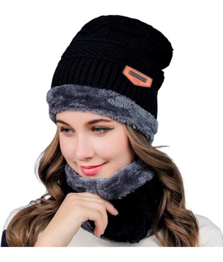     			AKSMIT Black Woollen Women's Cap ( Pack of 2 )