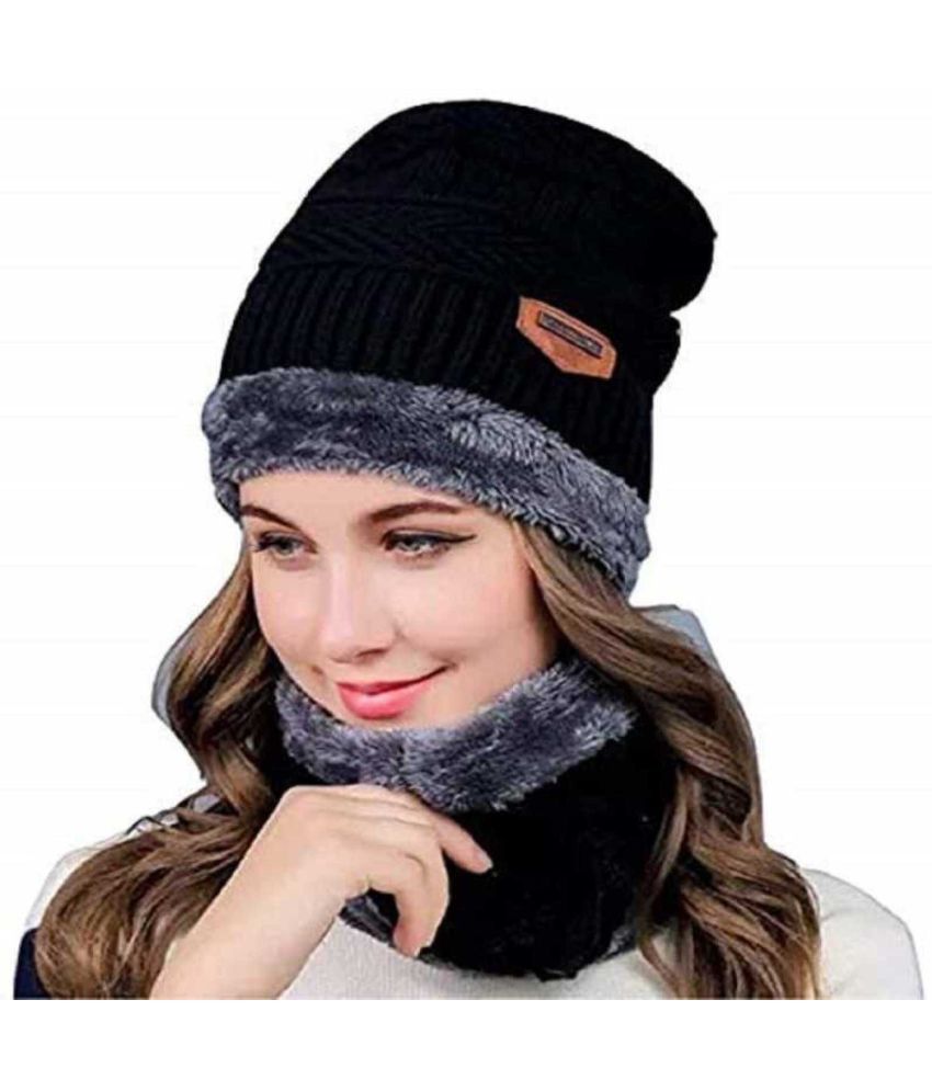     			AKSMIT Black Woollen Women's Cap ( Pack of 2 )