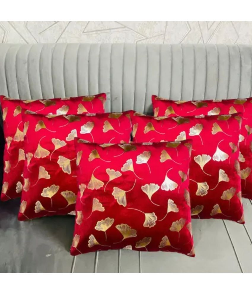     			Awesome Craft Set of 5 Polyester Floral Square Cushion Cover (40X40)cm - Red