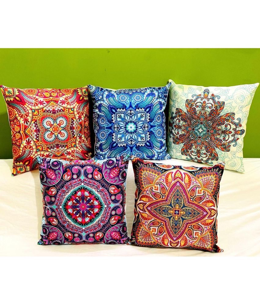     			Awesome Craft Set of 5 Polyester Ethnic Square Cushion Cover (40X40)cm - Multicolor