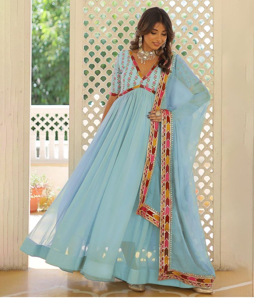     			Trijal Fab Light Blue Anarkali Georgette Women's Stitched Ethnic Gown ( Pack of 1 )