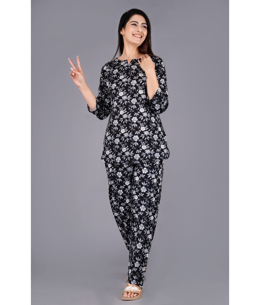     			VAALIYAN Black Printed Pant Top Set