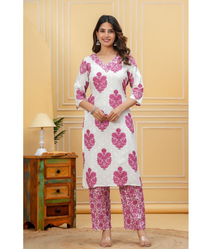     			Doriya Cotton Blend Printed Kurti With Pants Women's Stitched Salwar Suit - Pink ( Pack of 1 )