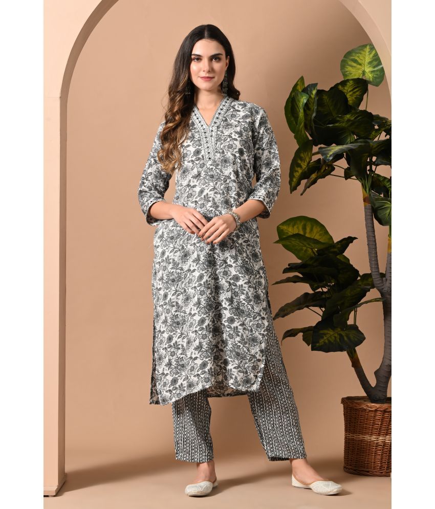     			Doriya Cotton Blend Printed Kurti With Pants Women's Stitched Salwar Suit - Grey ( Pack of 1 )