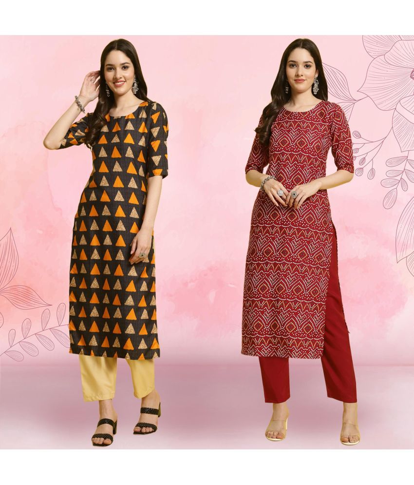     			Ethnicbasket Crepe Printed Kurti With Pants Women's Stitched Salwar Suit - Maroon ( Pack of 2 )