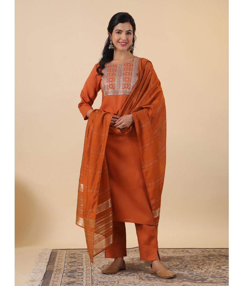     			Janasya Cotton Blend Embroidered Kurti With Pants Women's Stitched Salwar Suit - Rust ( Pack of 1 )