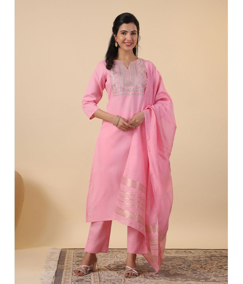     			Janasya Cotton Blend Embroidered Kurti With Pants Women's Stitched Salwar Suit - Pink ( Pack of 1 )