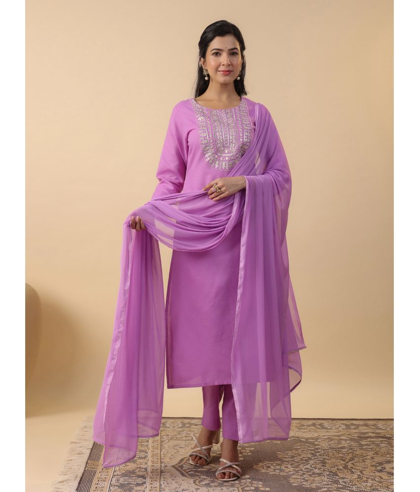     			Janasya Cotton Blend Embroidered Kurti With Pants Women's Stitched Salwar Suit - Lavender ( Pack of 1 )