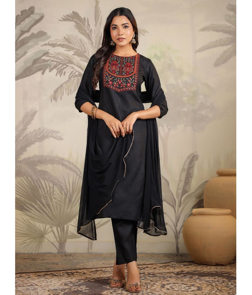     			Janasya Cotton Blend Embroidered Kurti With Pants Women's Stitched Salwar Suit - Black ( Pack of 1 )