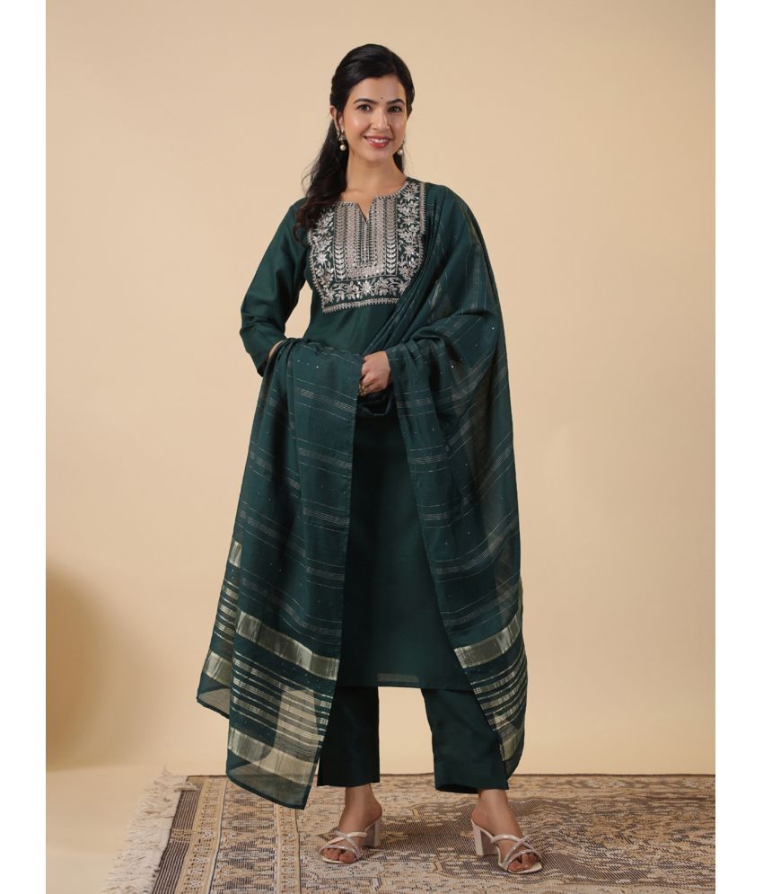     			Janasya Cotton Blend Embroidered Kurti With Pants Women's Stitched Salwar Suit - Dark Green ( Pack of 1 )