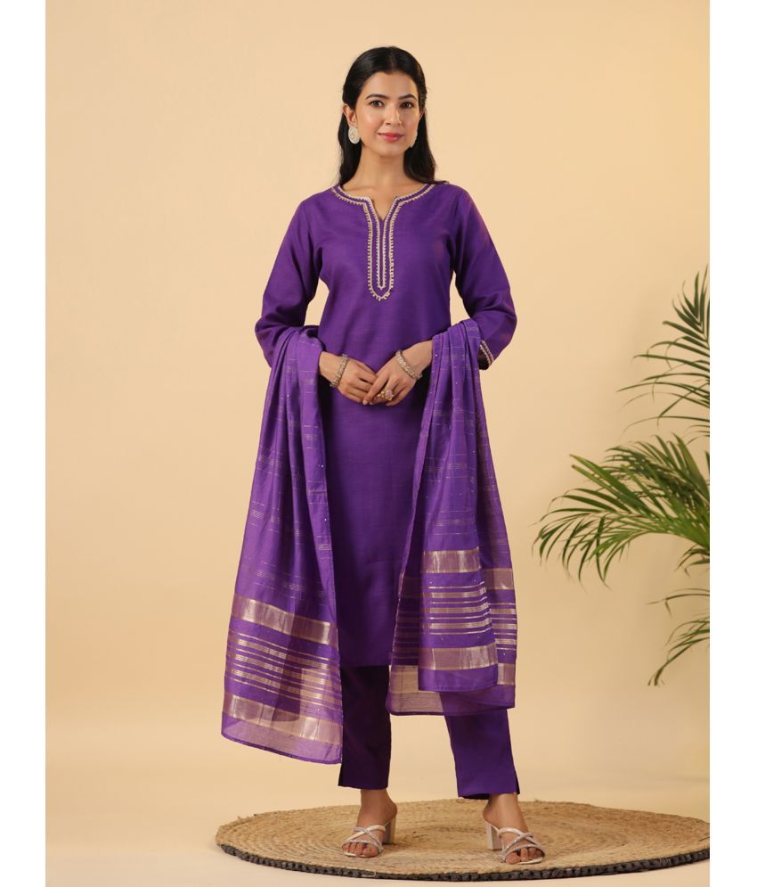     			Janasya Cotton Blend Solid Kurti With Pants Women's Stitched Salwar Suit - Purple ( Pack of 1 )