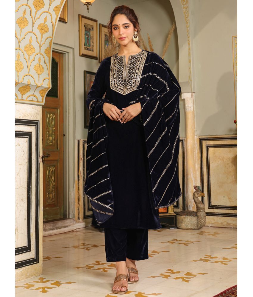     			Janasya Velvet Embroidered Kurti With Pants Women's Stitched Salwar Suit - Navy Blue ( Pack of 1 )