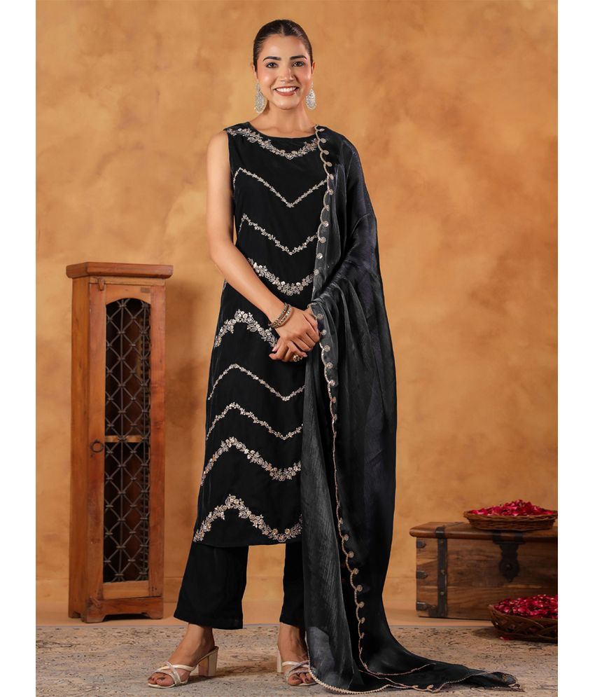     			Janasya Velvet Embroidered Kurti With Pants Women's Stitched Salwar Suit - Black ( Pack of 1 )