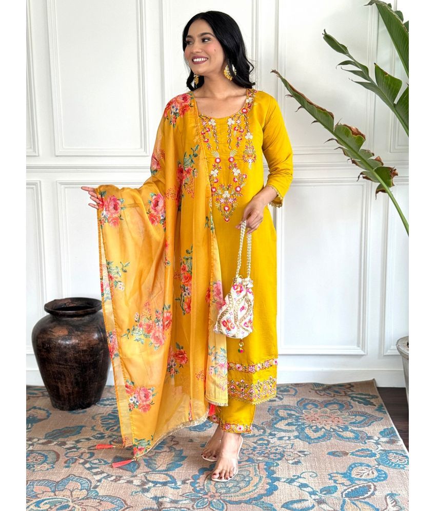     			MEHZEEL FAB Viscose Embroidered Kurti With Pants Women's Stitched Salwar Suit - Yellow ( Pack of 1 )