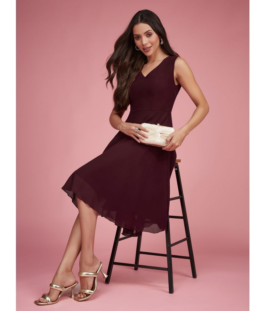     			Miss Chase Georgette Solid Midi Women's Skater Dress - Maroon ( Pack of 1 )